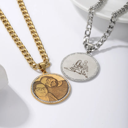 Round Engraved Photo Pendant Necklace