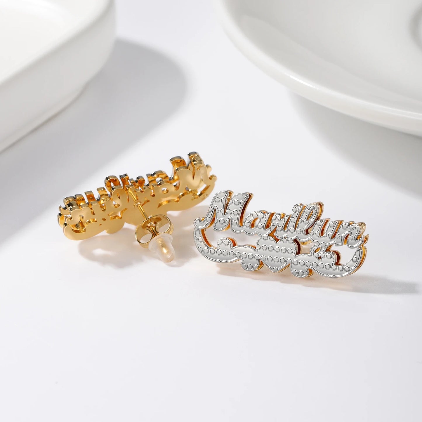 Double Plated Name Stud Earrings with Heart Scroll