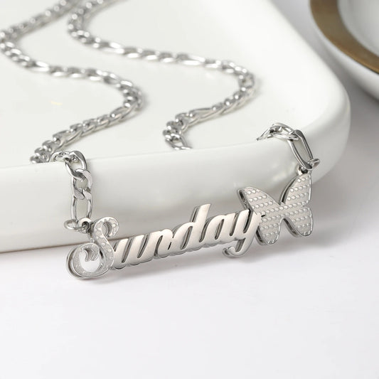 Double Layer Butterfly Nameplate Necklace