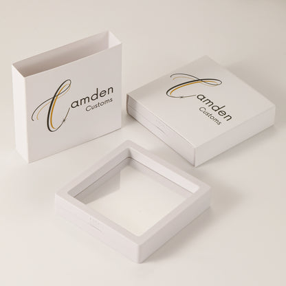 Camden Customs branded packaging, featuring a sleek and elegant design perfect for all your custom jewelry purchases