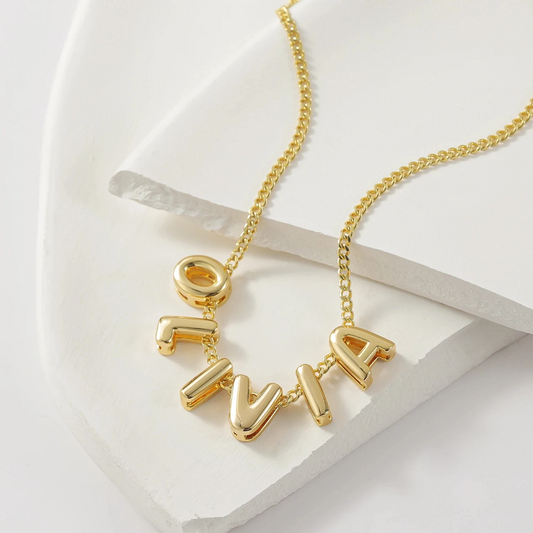 Front view of the Classic Bubble Letters Name Necklace showcasing bold and stylish bubble-lettering in a timeless design