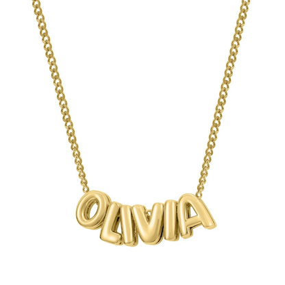 Classic Bubble Letters Name Necklace in gold, showcasing the bold bubble-style lettering with a sleek metallic finish.