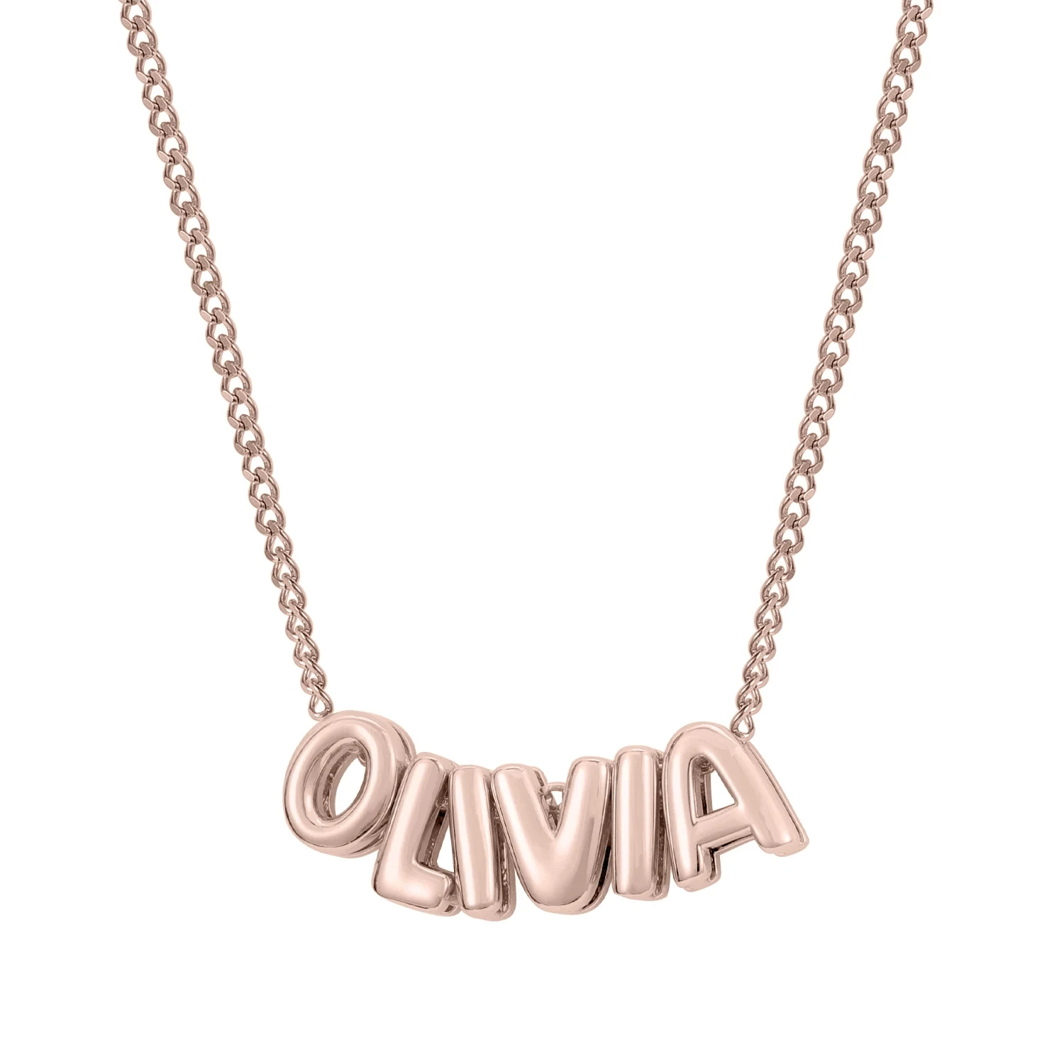 Classic Bubble Letters Name Necklace in rose gold, highlighting the stylish bubble letters with a warm, elegant metallic tone.