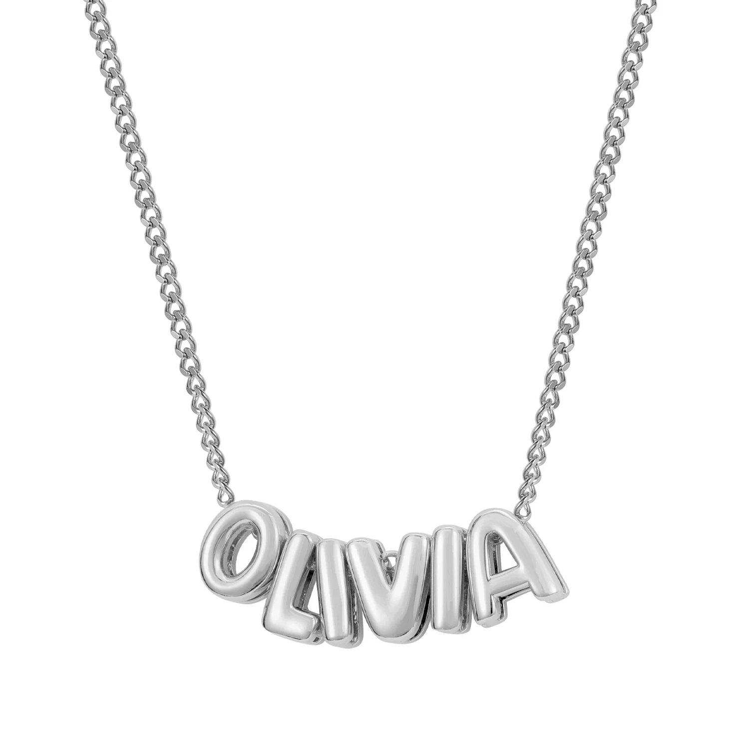 Classic Bubble Letters Name Necklace in silver, showcasing the bold bubble-style lettering with a sleek metallic finish