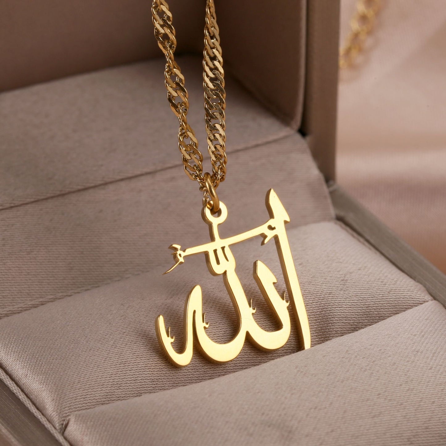 Allah Name Necklace: Stainless Steel Arabic Calligrpahy Pendant, Islamic Gift