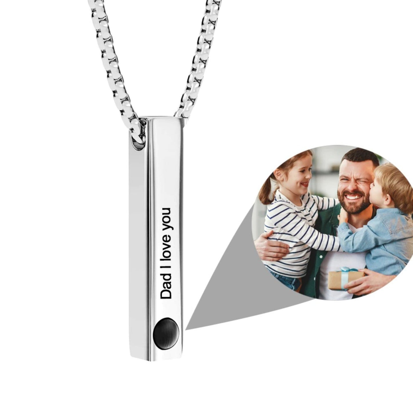 Photo Projection Necklace: Bar Necklace, Engraved Pendant