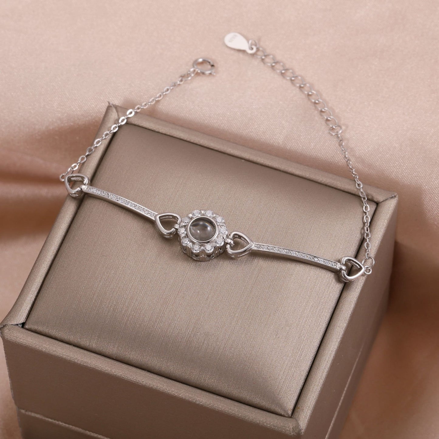 Custom Photo Projection Bracelet: 925 Sterling Silver, Sparkly Flower Design