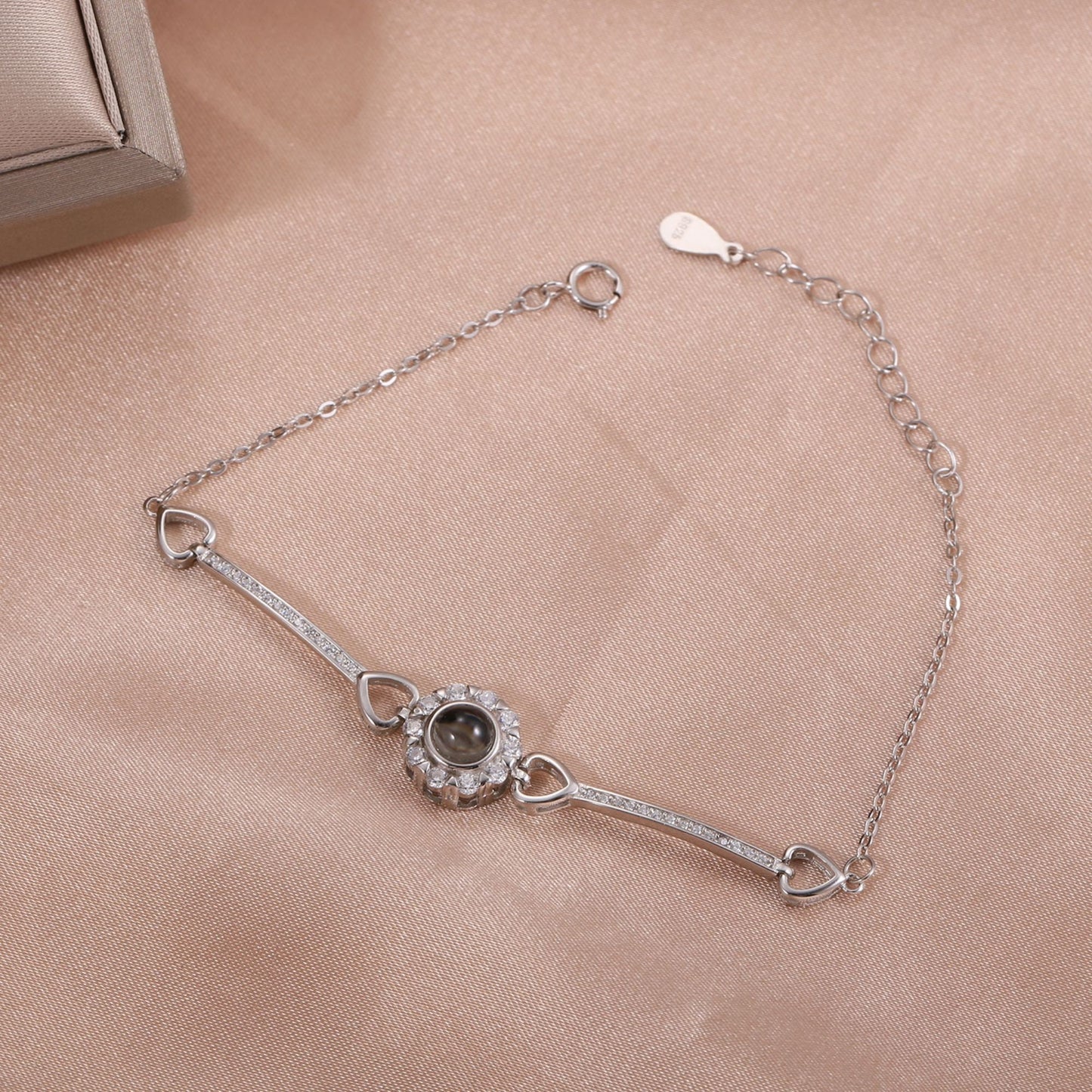 Custom Photo Projection Bracelet: 925 Sterling Silver, Sparkly Flower Design