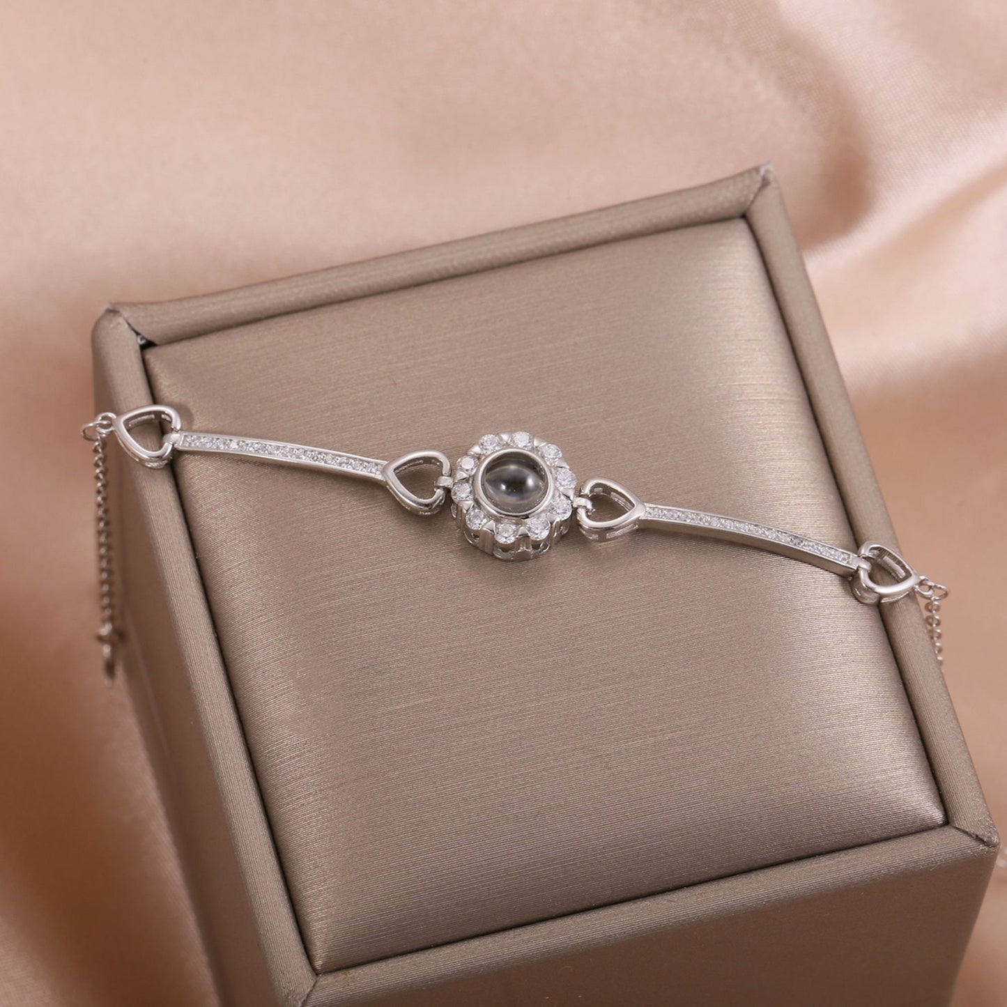 Custom Photo Projection Bracelet: 925 Sterling Silver, Sparkly Flower Design