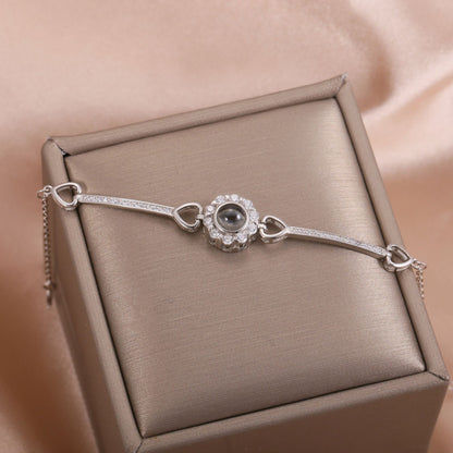 Custom Photo Projection Bracelet: 925 Sterling Silver, Sparkly Flower Design