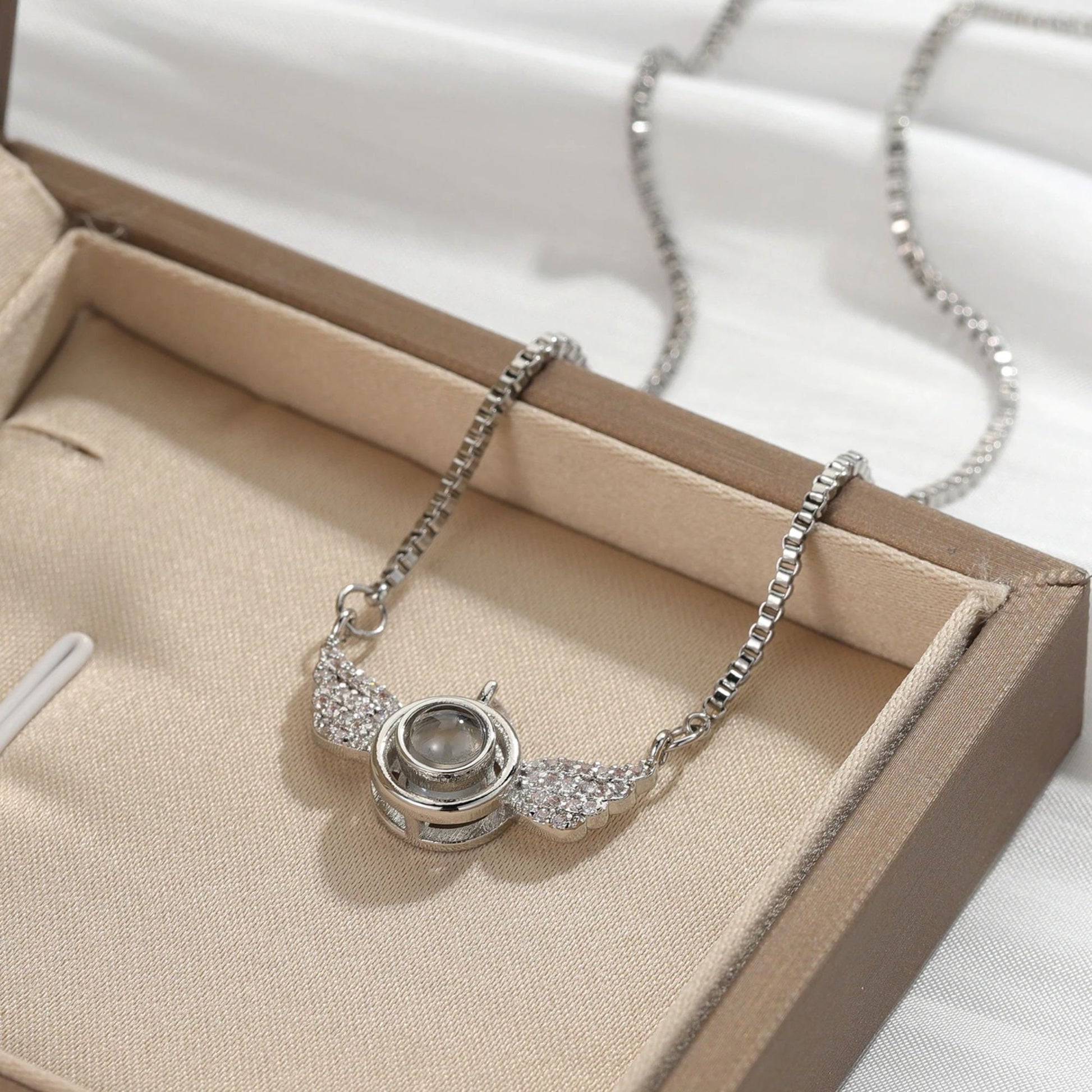 Photo Projection Angel Wings Necklace: Sterling Silver Cubic Zirconia Pendant