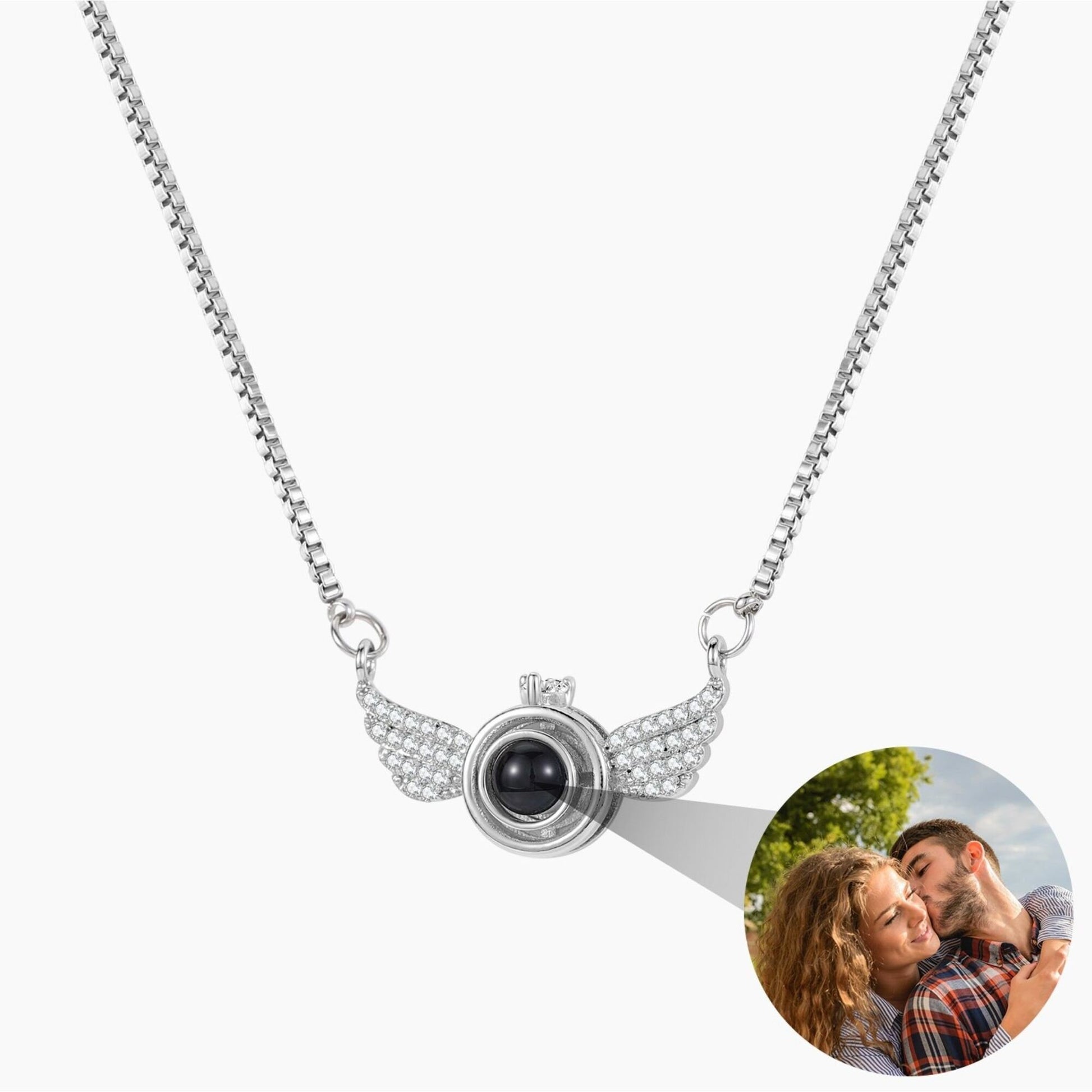 Photo Projection Angel Wings Necklace: Sterling Silver Cubic Zirconia Pendant