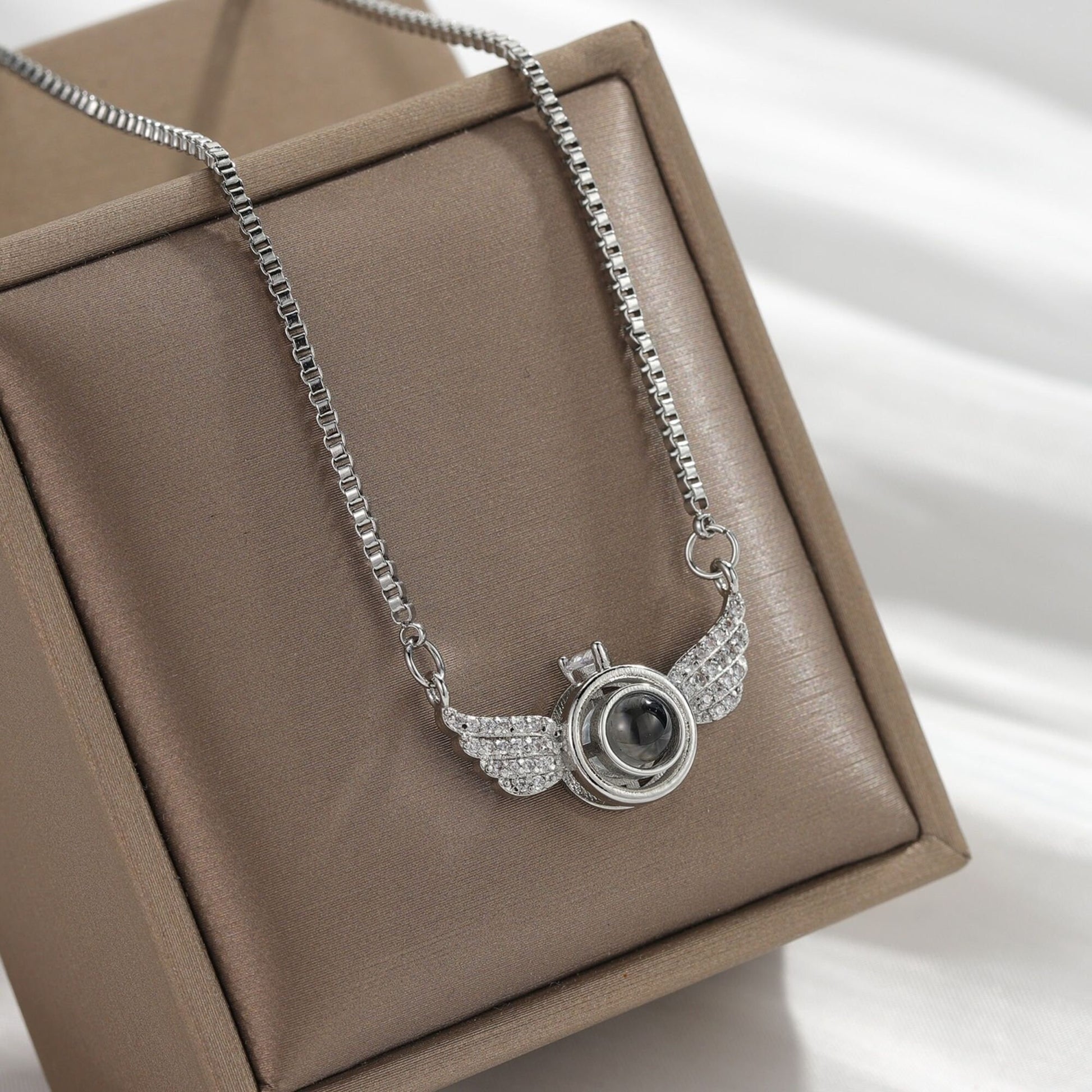 Photo Projection Angel Wings Necklace: Sterling Silver Cubic Zirconia Pendant