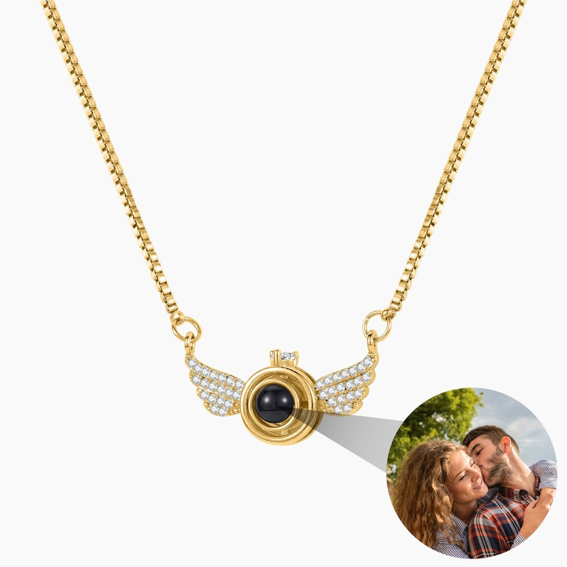 Photo Projection Angel Wings Necklace: Sterling Silver Cubic Zirconia Pendant