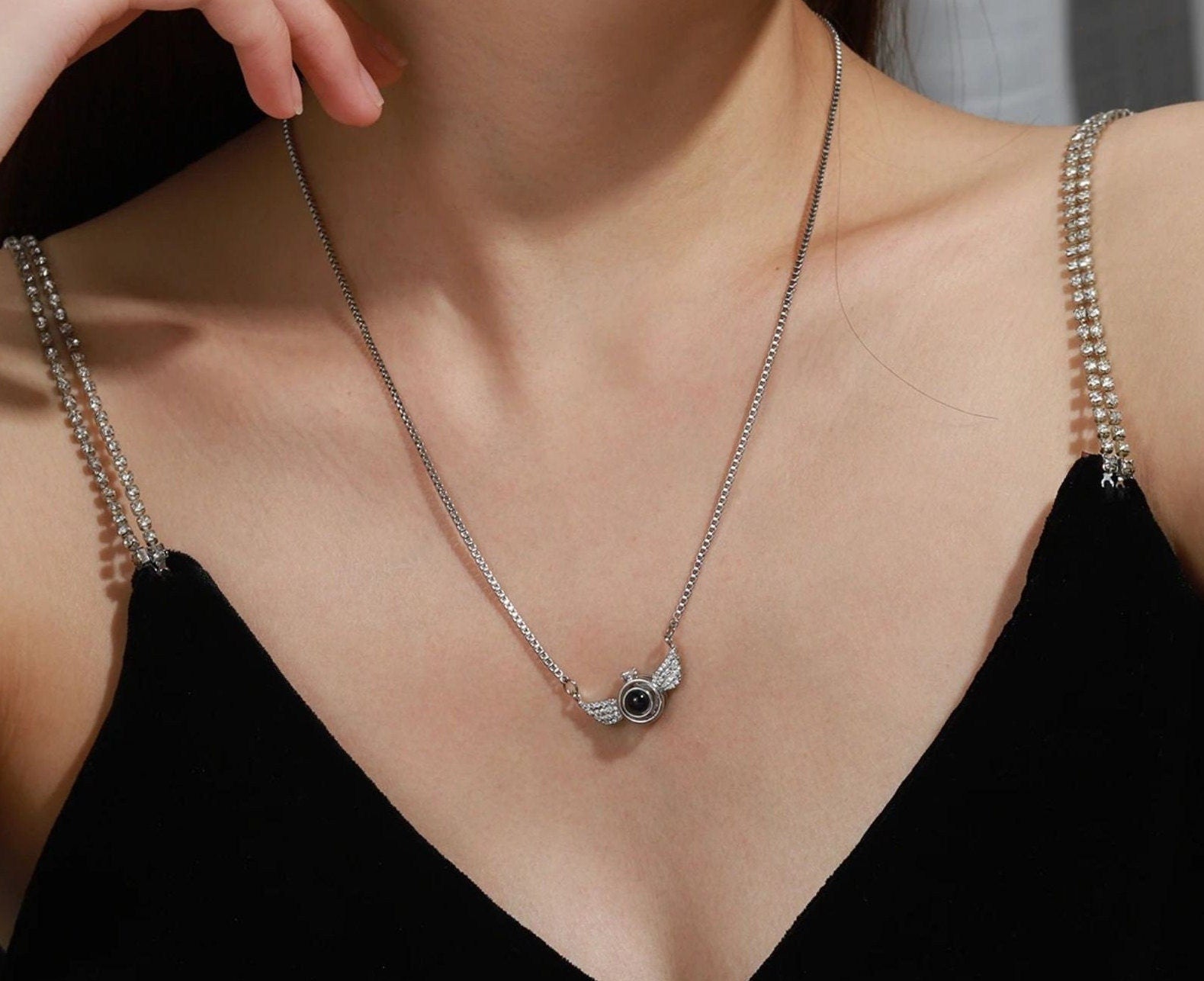 Photo Projection Angel Wings Necklace: Sterling Silver Cubic Zirconia Pendant