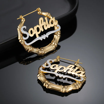Custom Bamboo Hoop Earrings: Non Tarnish Two-Tone Name Earrings