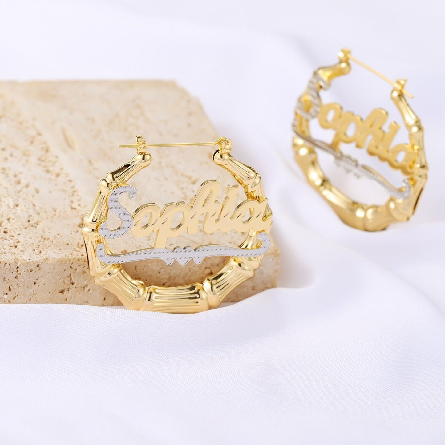 Custom Bamboo Hoop Earrings: Non Tarnish Two-Tone Name Earrings