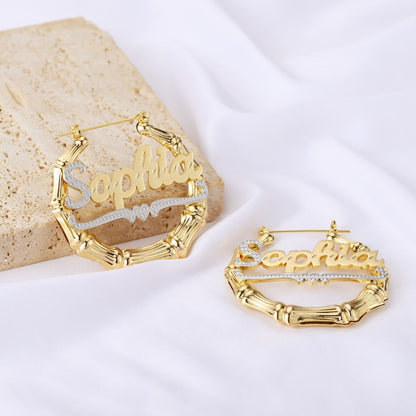 Custom Bamboo Hoop Earrings: Non Tarnish Two-Tone Name Earrings