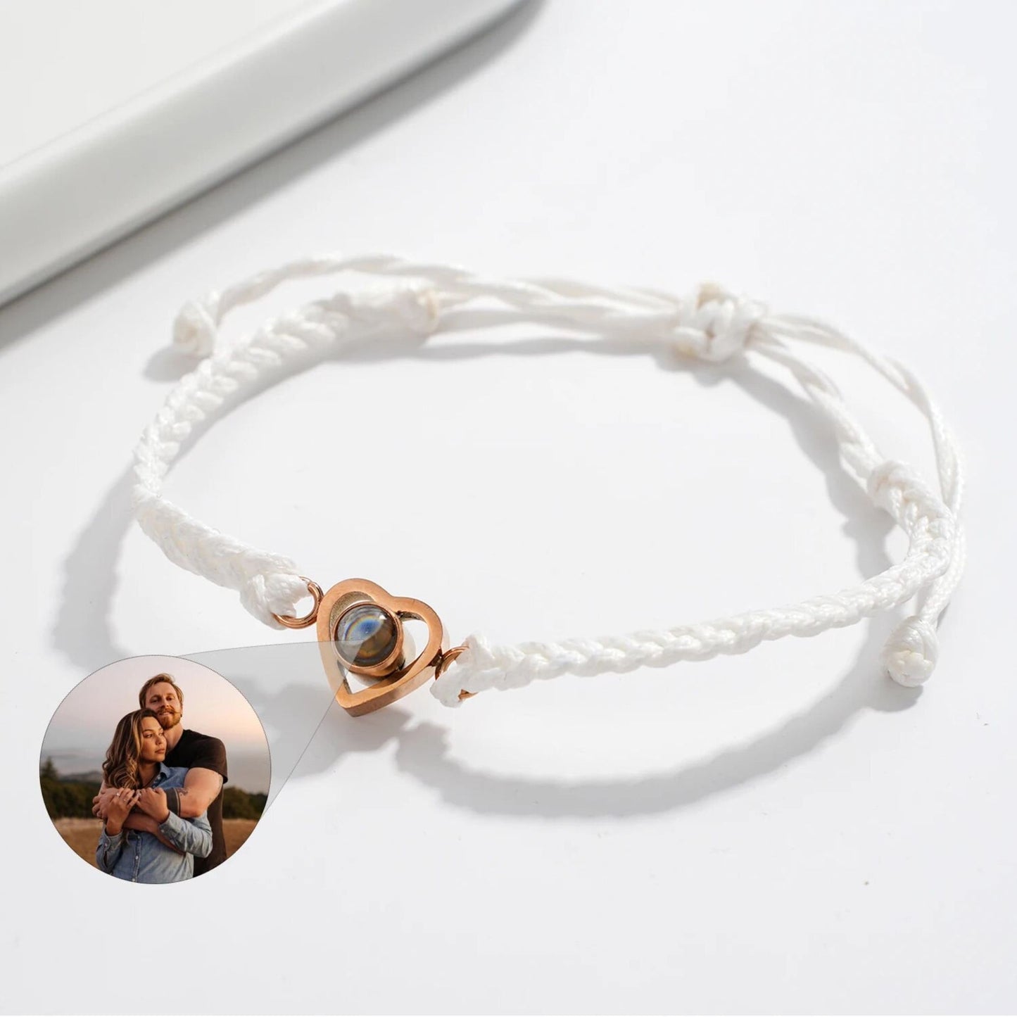 Photo Projection Bracelet: Heart Picture Pendant, Braided Rope bracelet