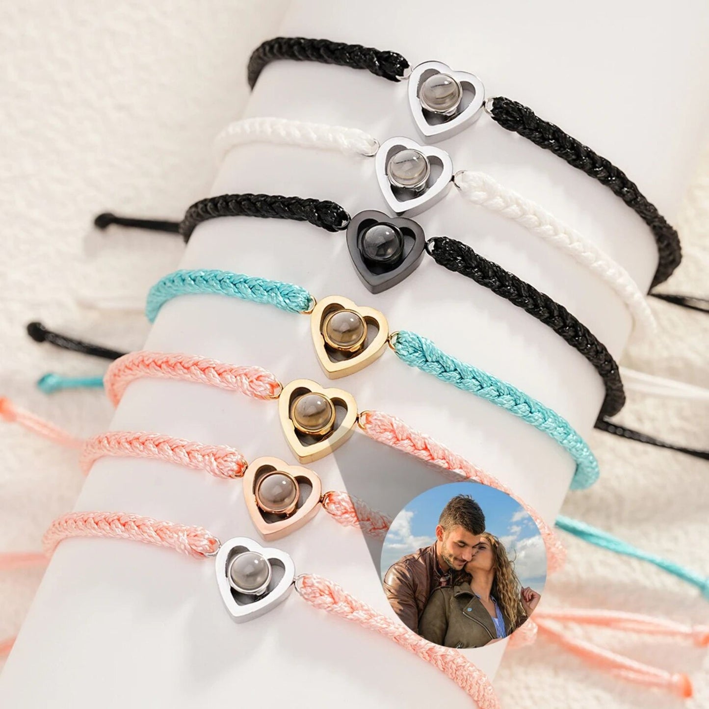 Photo Projection Bracelet: Heart Picture Pendant, Braided Rope bracelet