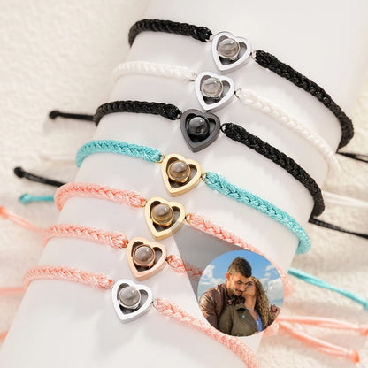 Photo Projection Bracelet: Heart Picture Pendant, Braided Rope bracelet