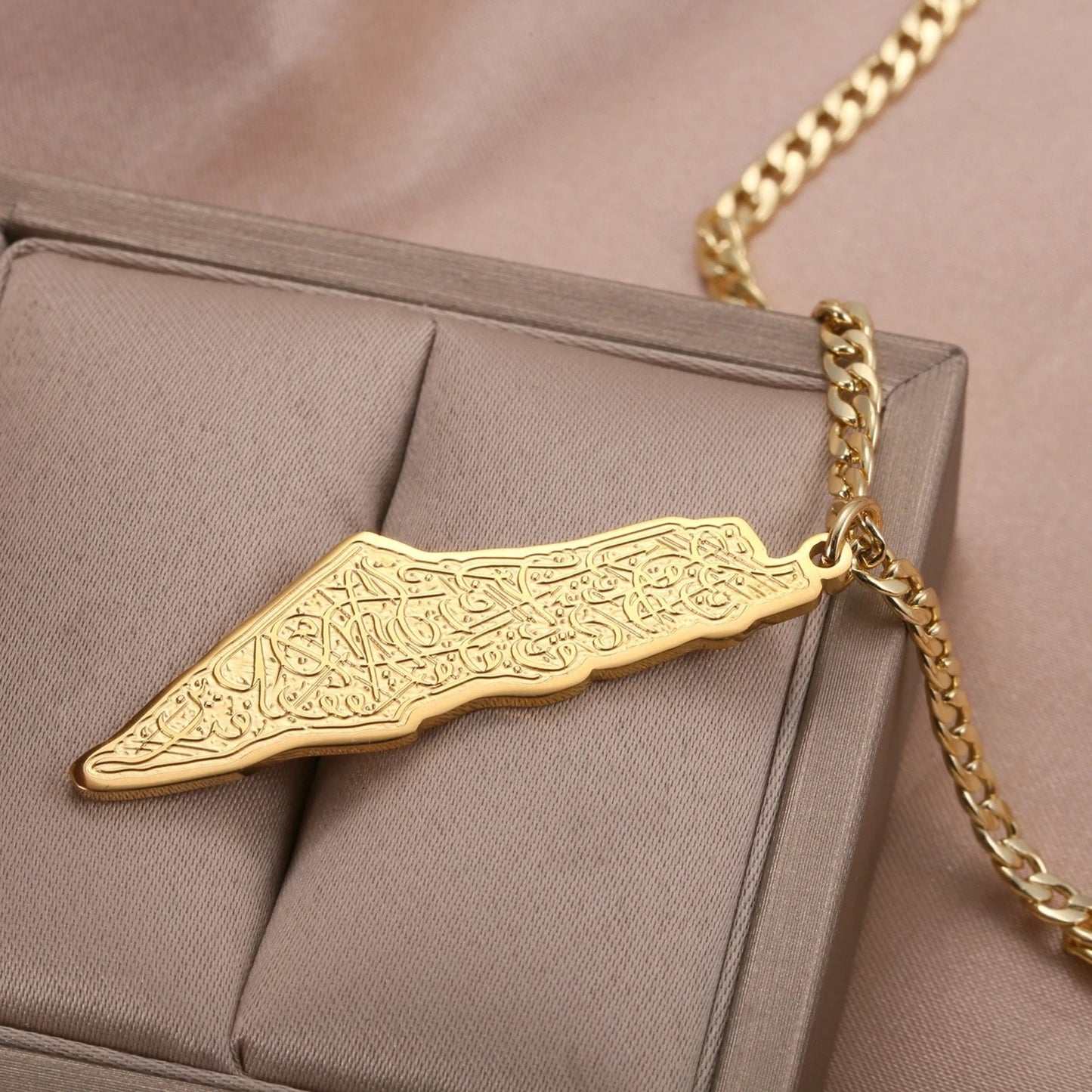Palestine Map Necklace: Heritage Jewelry, Arabic Calligraphy Design, La Hawla Wala Quwwata Illa Billah