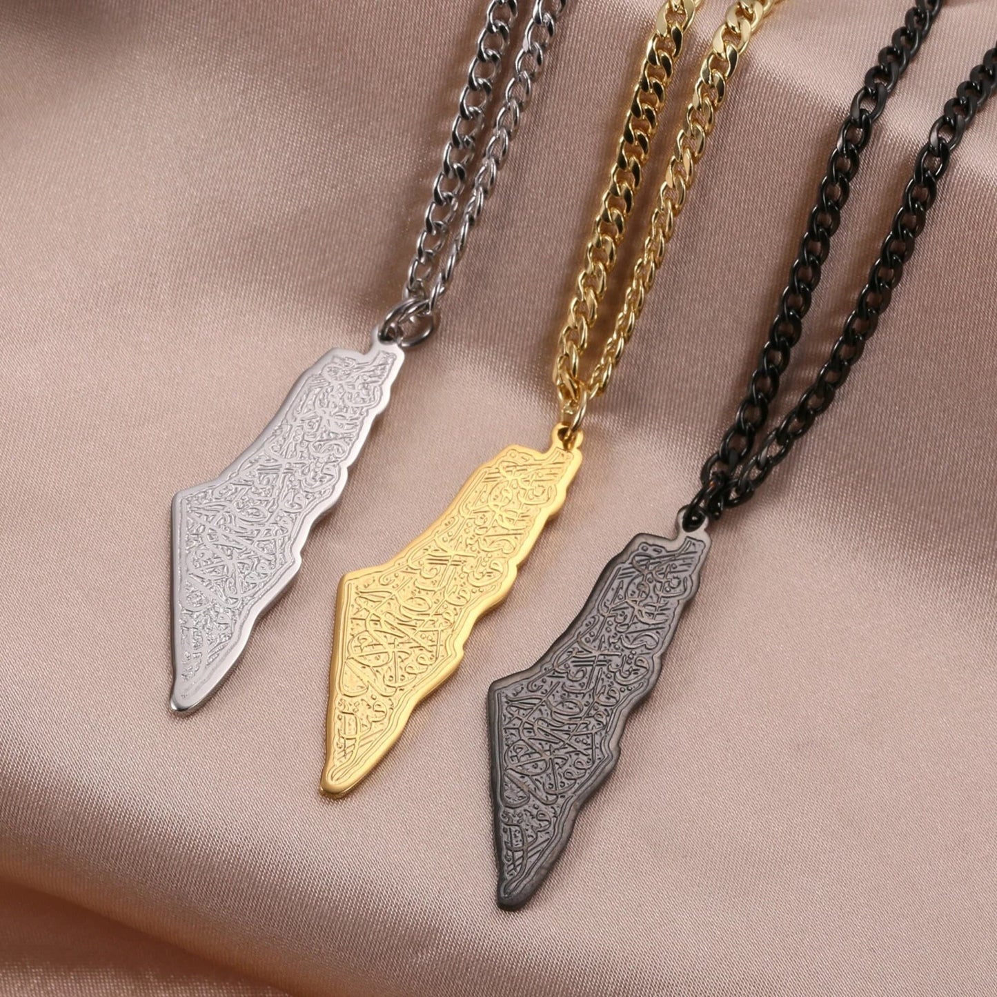 Palestine Map Necklace: Heritage Jewelry, Arabic Calligraphy Design, La Hawla Wala Quwwata Illa Billah