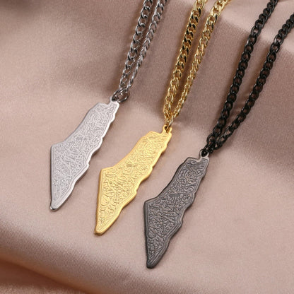 Palestine Map Necklace: Heritage Jewelry, Arabic Calligraphy Design, La Hawla Wala Quwwata Illa Billah