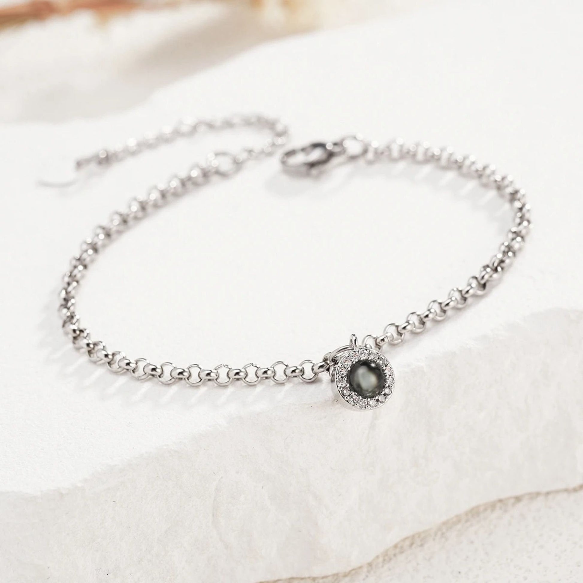 Photo Projection Bracelet: Cubic Zirconia Charm, Stainless Steel, Personalized Memorial Jewelry