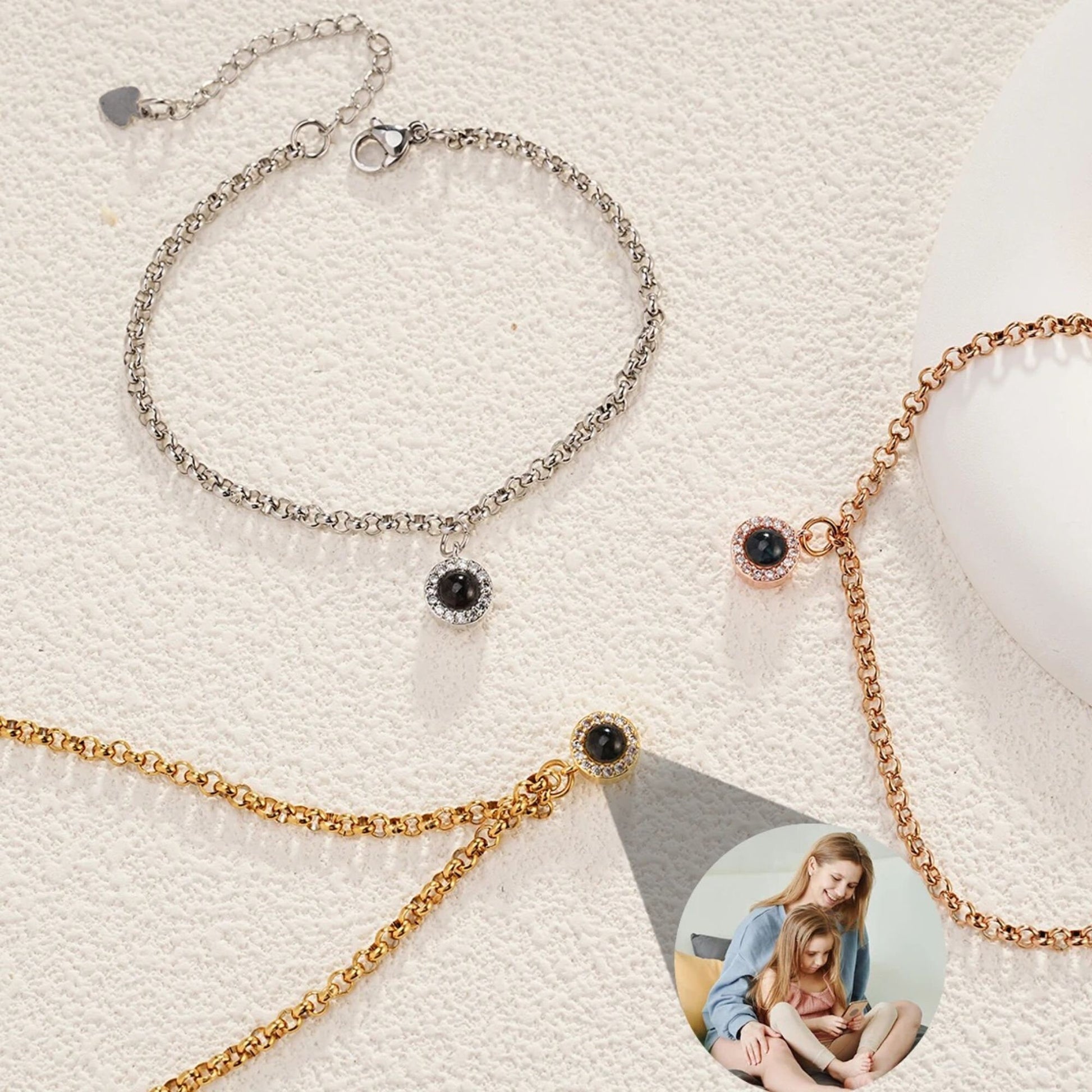 Photo Projection Bracelet: Cubic Zirconia Charm, Stainless Steel, Personalized Memorial Jewelry