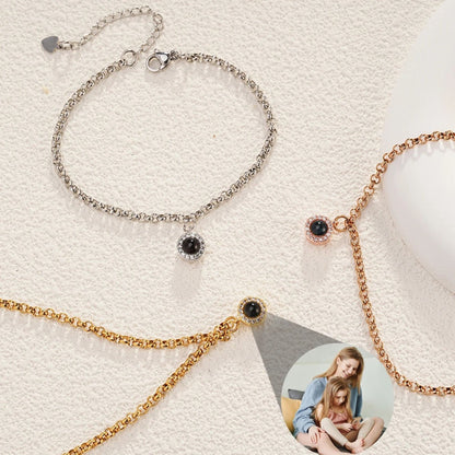 Photo Projection Bracelet: Cubic Zirconia Charm, Stainless Steel, Personalized Memorial Jewelry