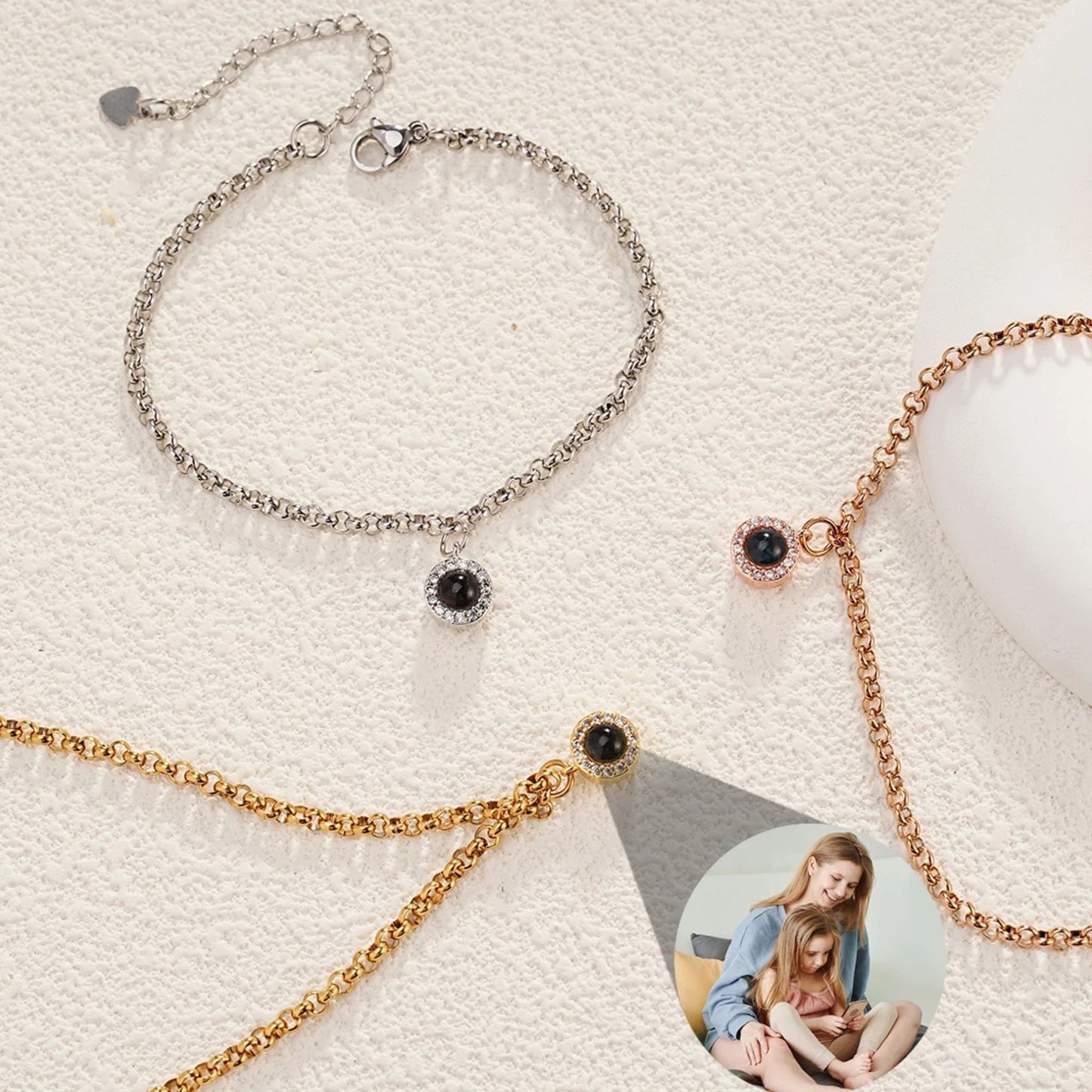 Photo Projection Bracelet: Cubic Zirconia Charm, Stainless Steel, Personalized Memorial Jewelry