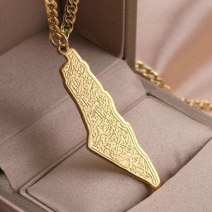 Palestine Map Necklace: Heritage Jewelry, Arabic Calligraphy Design, La Hawla Wala Quwwata Illa Billah