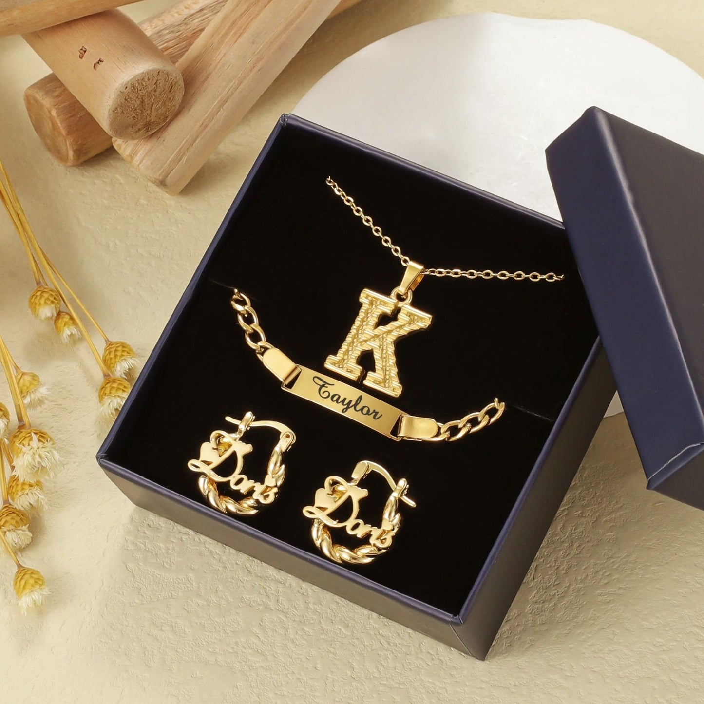 Personalized Kids Jewelry Set: Hypoallergenic Stainless Steel Initial Necklace, Name Bracelet, Twisted Hoop Earrings