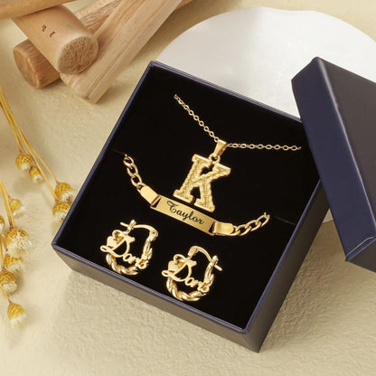 Personalized Kids Jewelry Set: Hypoallergenic Stainless Steel Initial Necklace, Name Bracelet, Twisted Hoop Earrings