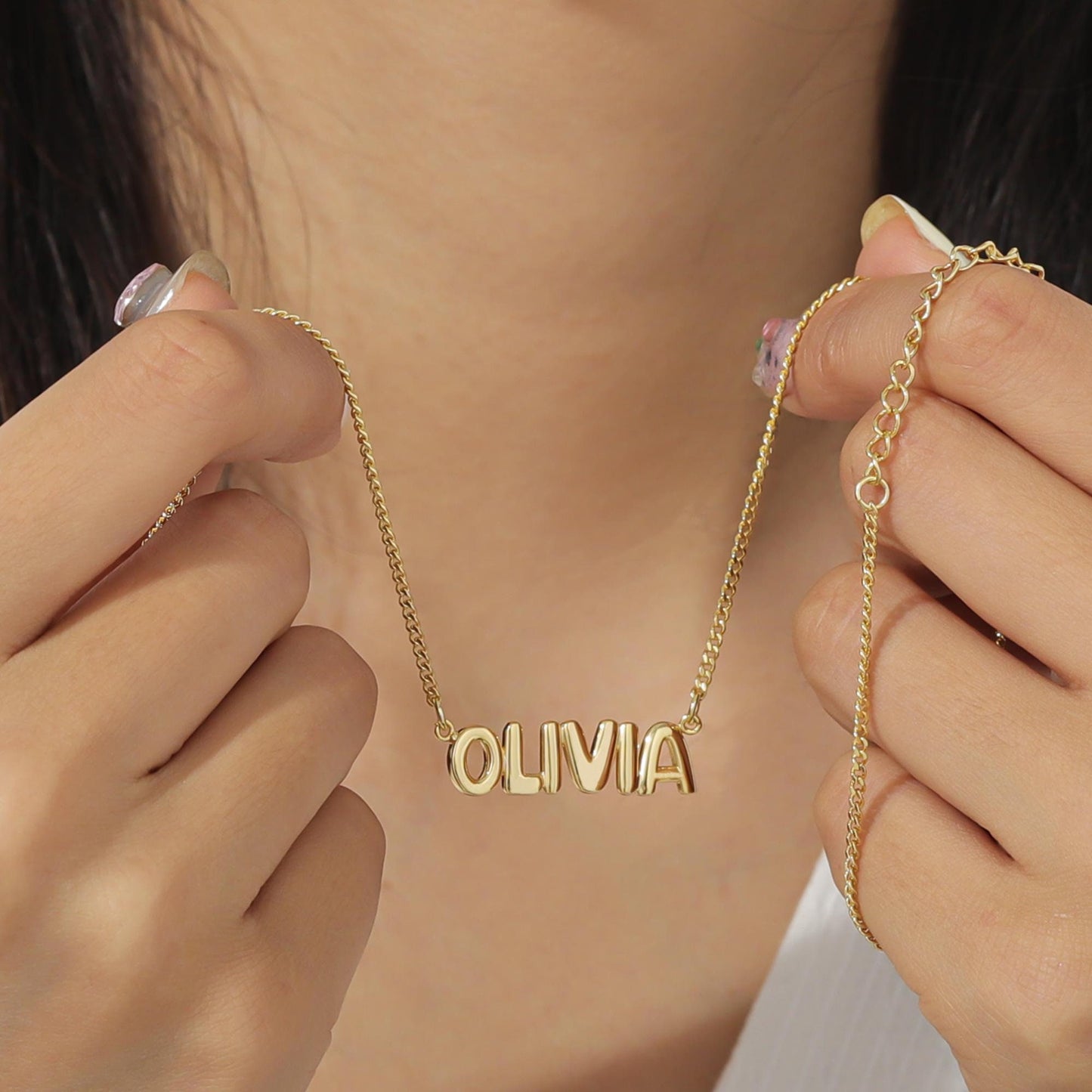 Custom Bubble Name Necklace: Gold Plated Stainless Steel, Waterproof
