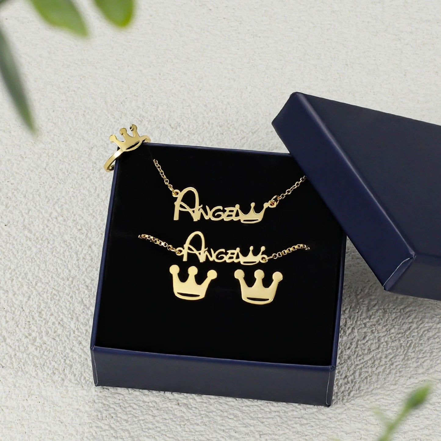 Personalized Kids Jewelry Set: Stainless Steel Name Necklace, Crown Ring & Earrings