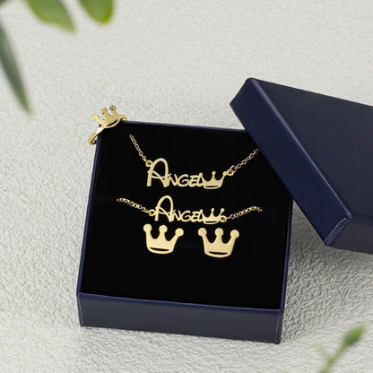Personalized Kids Jewelry Set: Stainless Steel Name Necklace, Crown Ring & Earrings