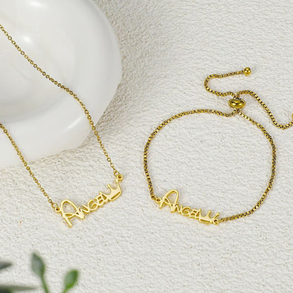 Personalized Kids Jewelry Set: Stainless Steel Name Necklace, Crown Ring & Earrings