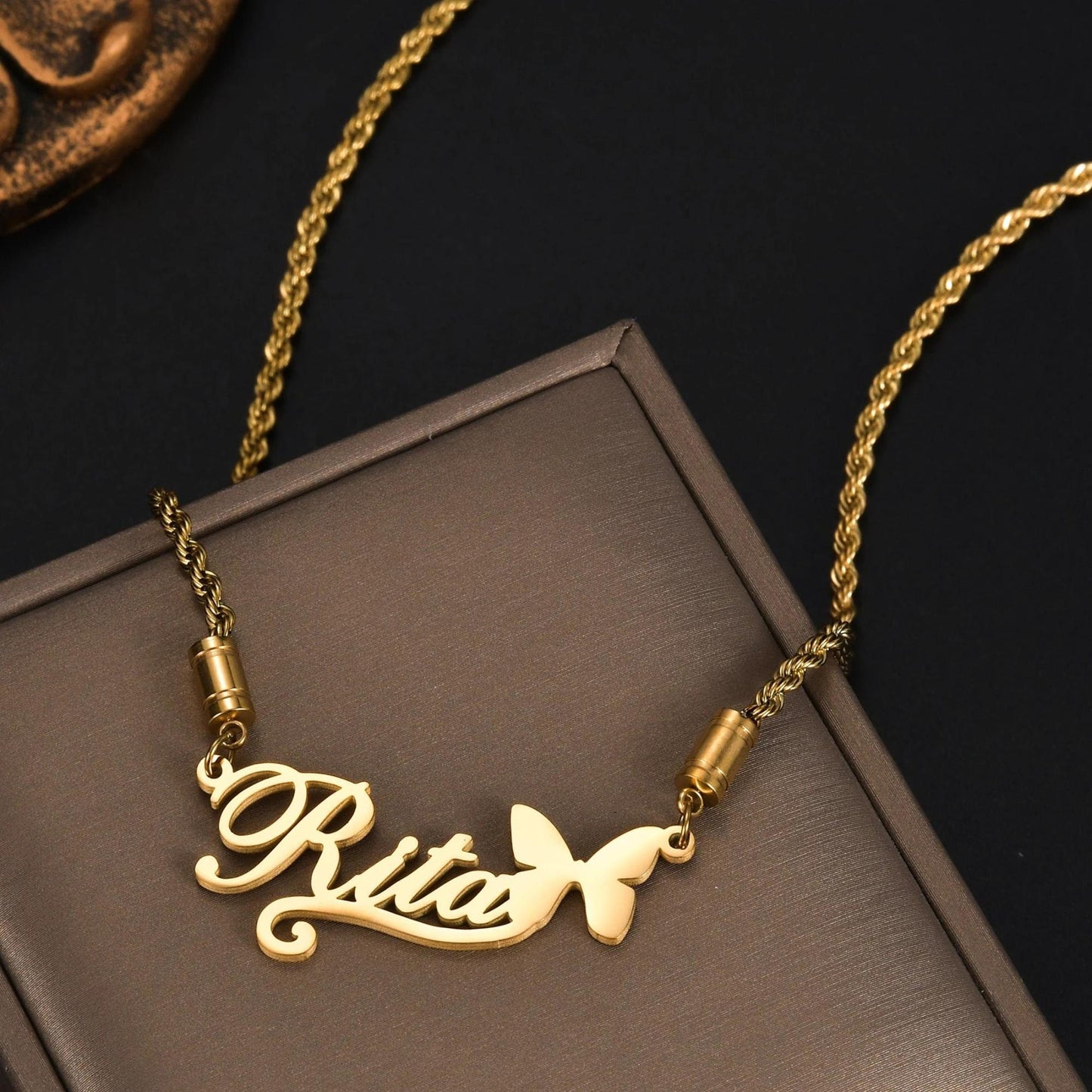 Nameplate Necklace: 18K Gold Plated Stainless Steel, Non Tarnish Jewelry
