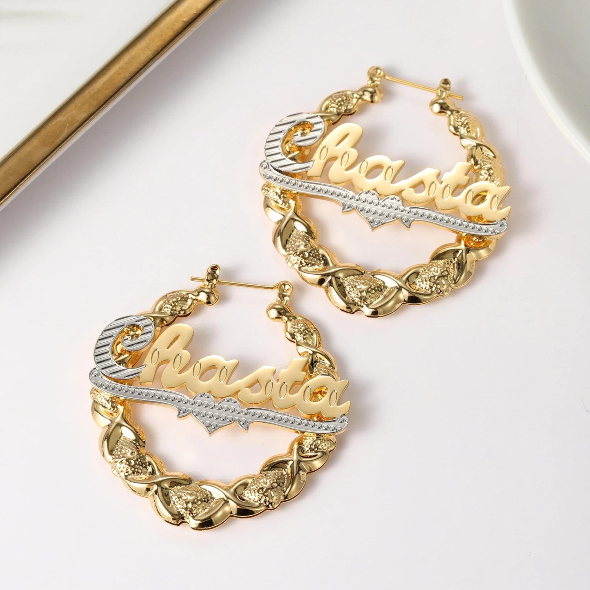 Custom Name Bamboo Hoop Earrings: 18K Gold Plated XOXO