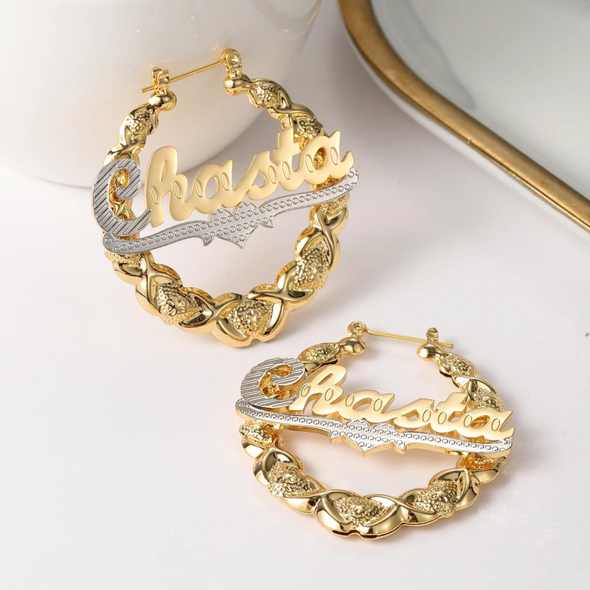 Custom Name Bamboo Hoop Earrings: 18K Gold Plated XOXO
