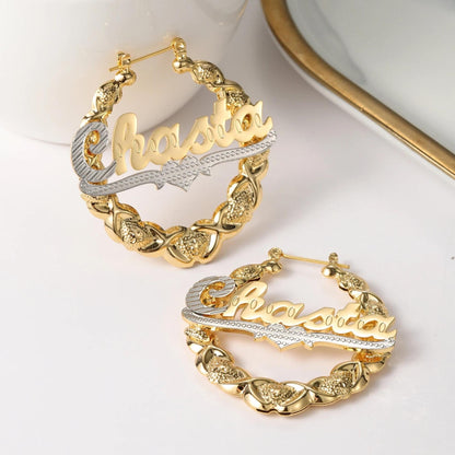 Custom Name Bamboo Hoop Earrings: 18K Gold Plated XOXO