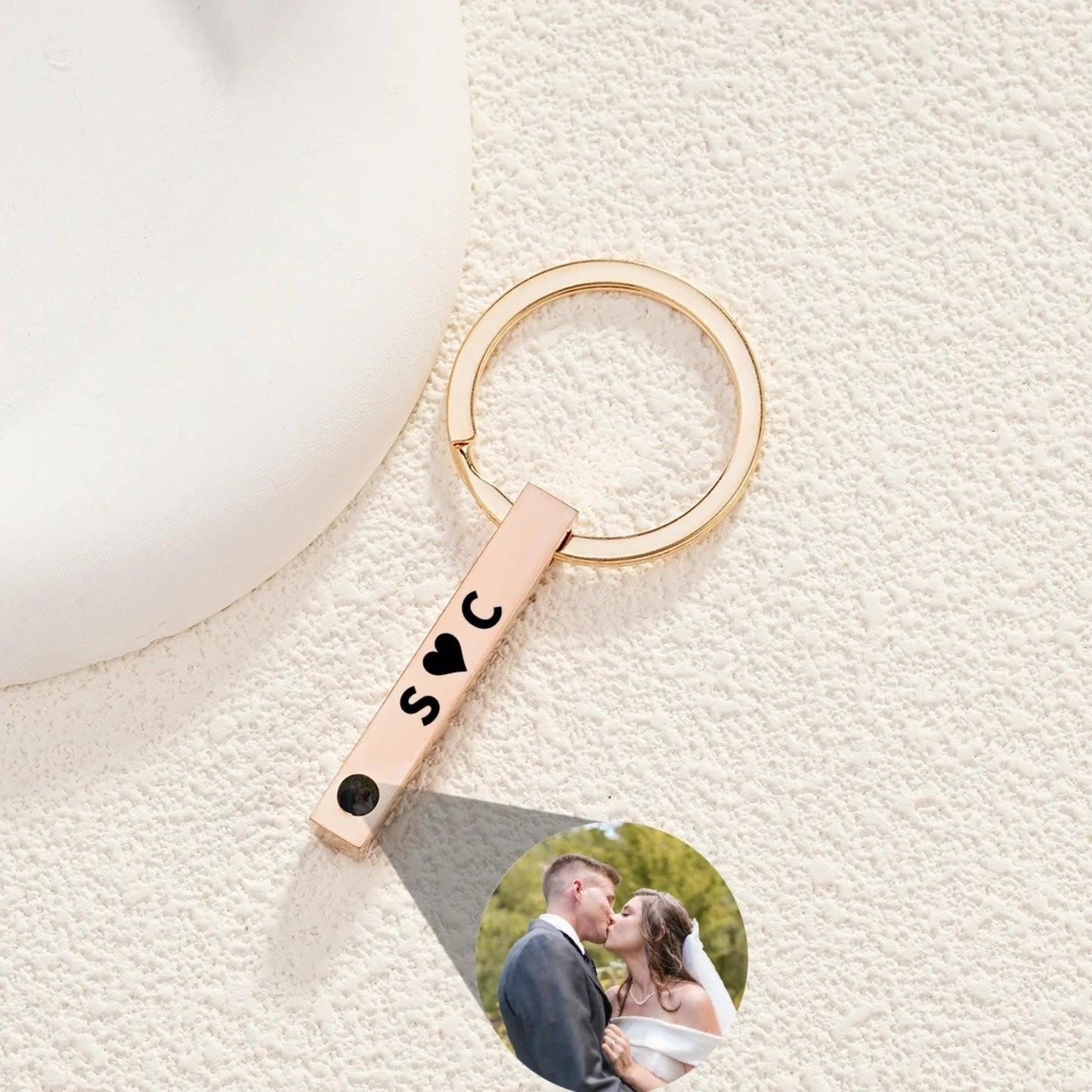 Photo Projection Keychain: Engraved Bar Keyring, Memorial Gift