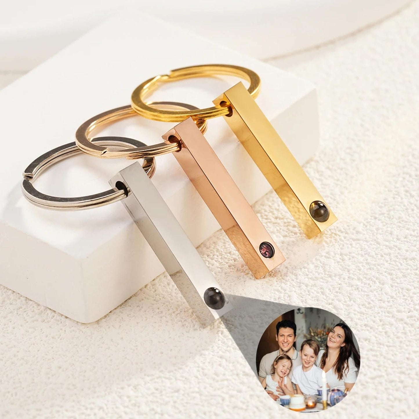 Photo Projection Keychain: Engraved Bar Keyring, Memorial Gift