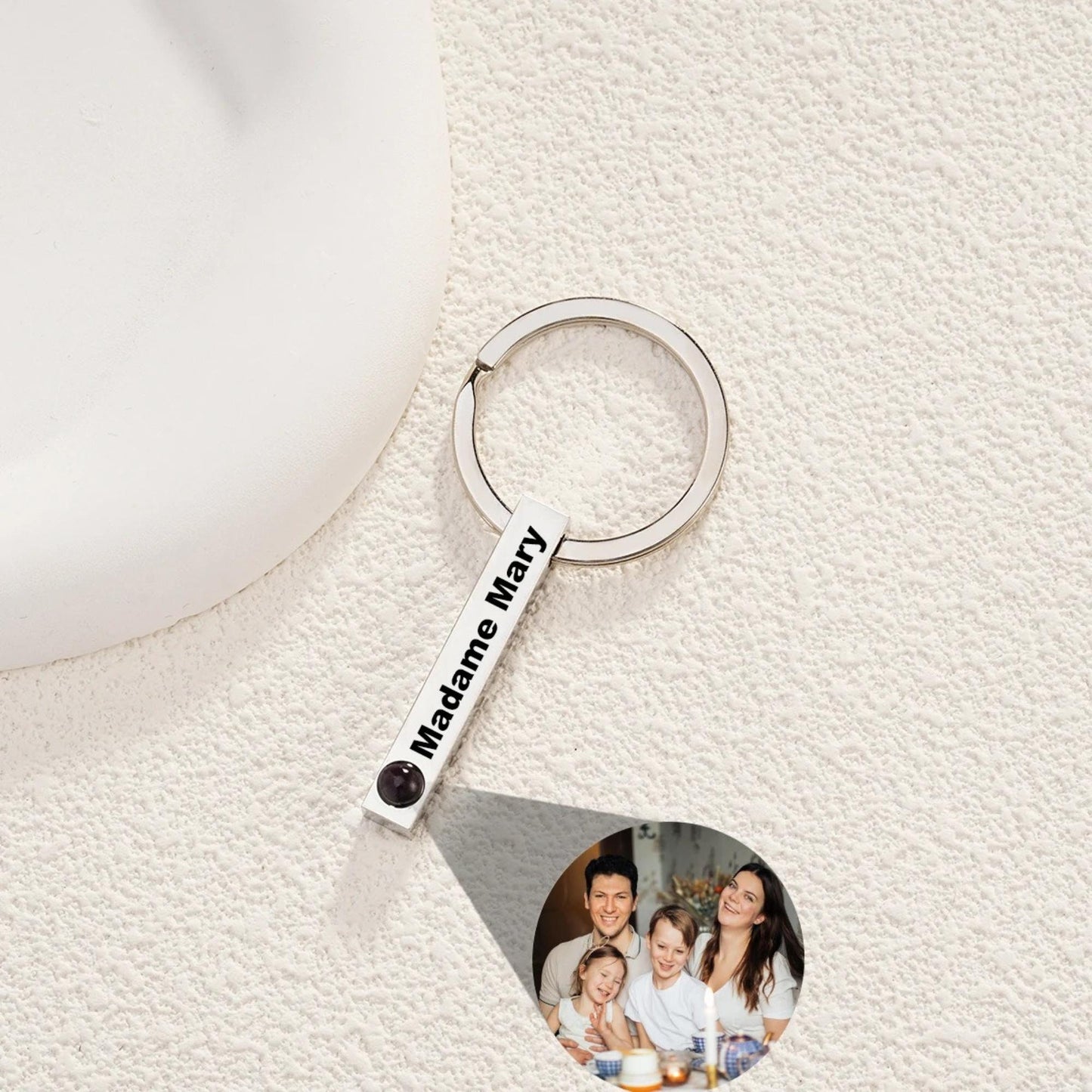 Photo Projection Keychain: Engraved Bar Keyring, Memorial Gift
