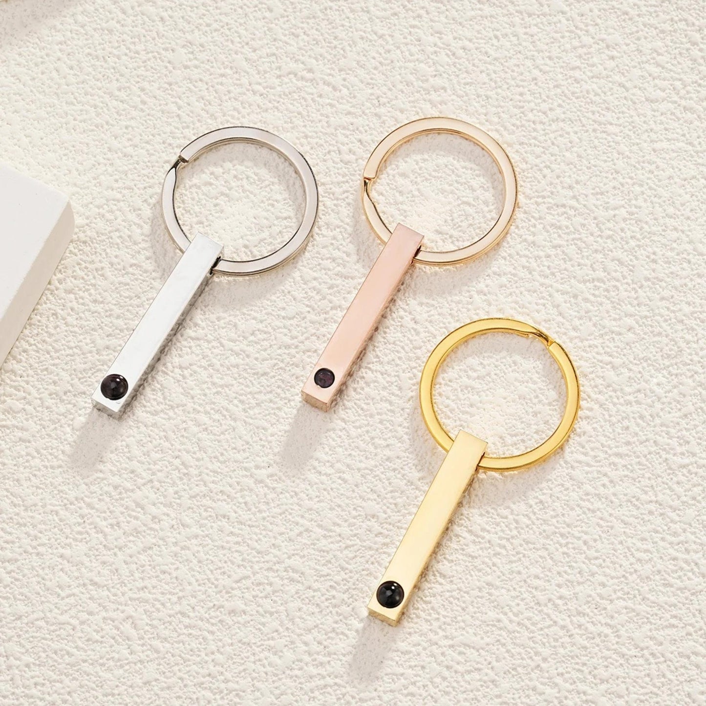 Photo Projection Keychain: Engraved Bar Keyring, Memorial Gift