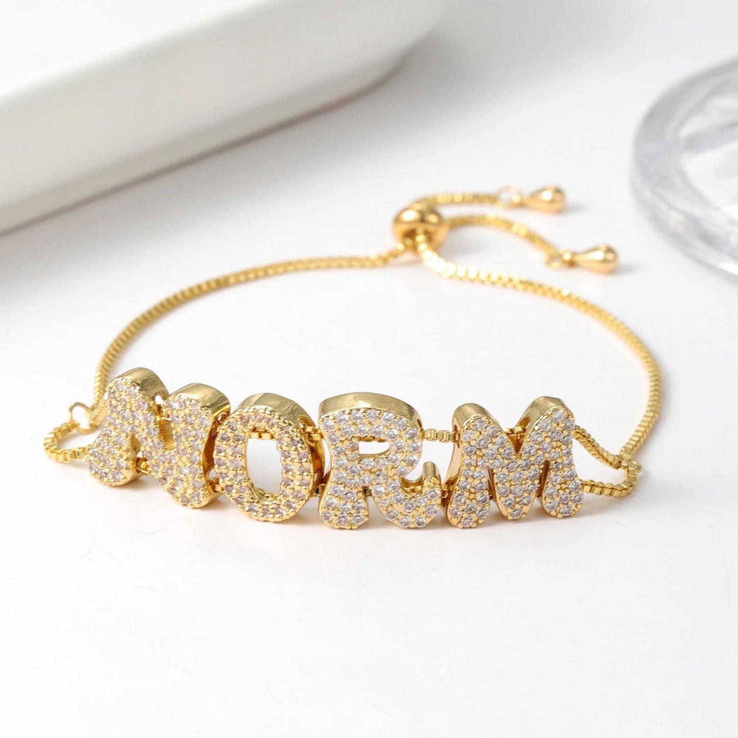 Custom Bubble Letter Bracelet: Cubic Zirconia, Adjustable Name Bracelet
