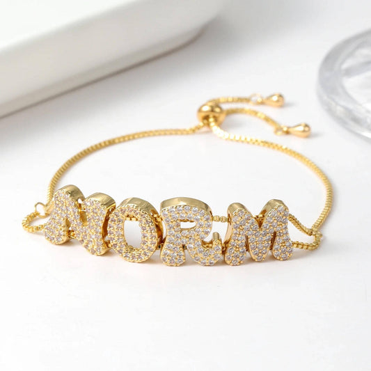 Custom Bubble Letter Bracelet: Cubic Zirconia, Adjustable Name Bracelet