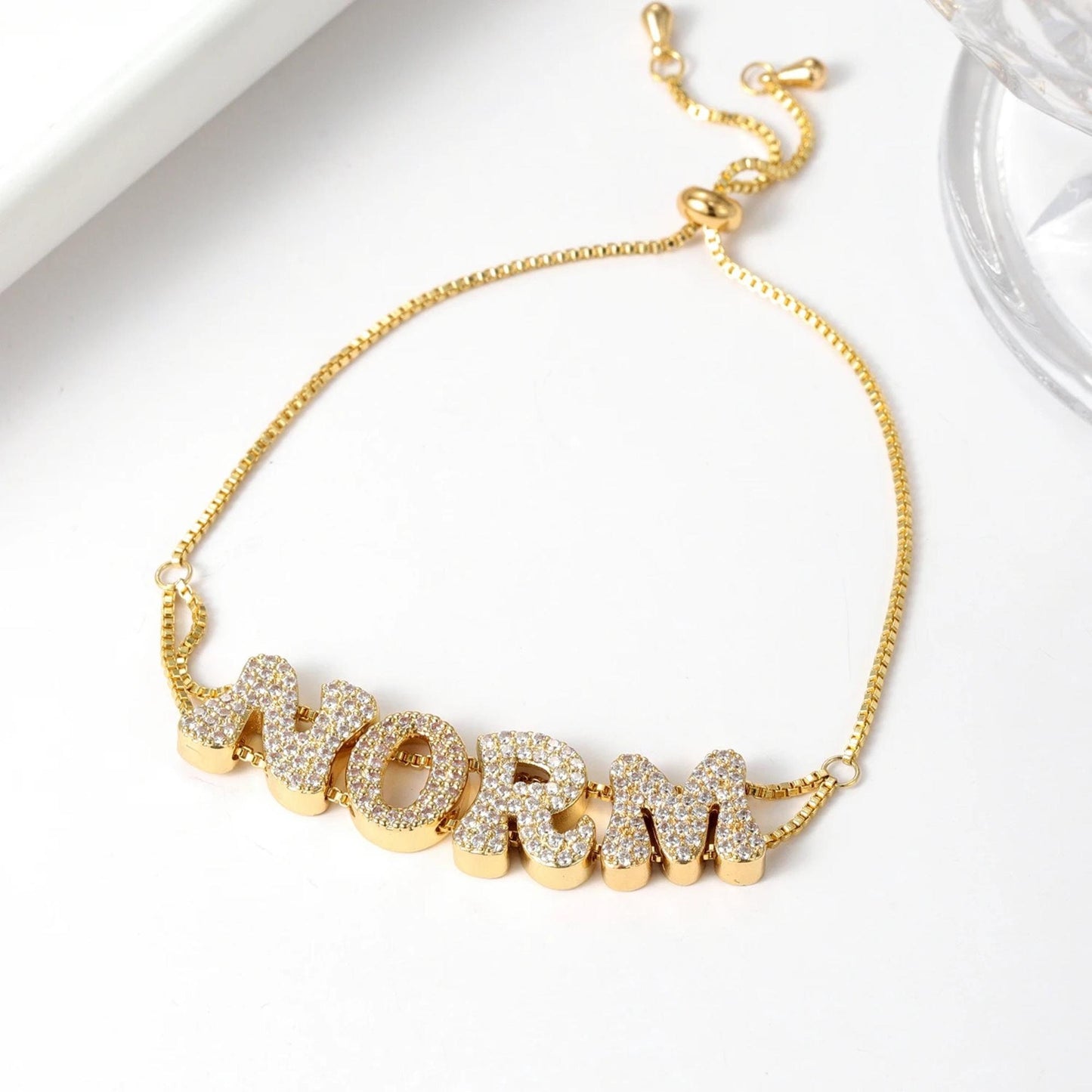 Custom Bubble Letter Bracelet: Cubic Zirconia, Adjustable Name Bracelet